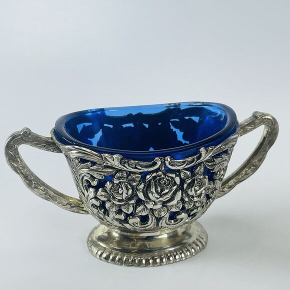 Antique Silver Plated Rose Floral Design Cobalt Blue Lined Sugar And Creamer Set - Picture 3 of 16